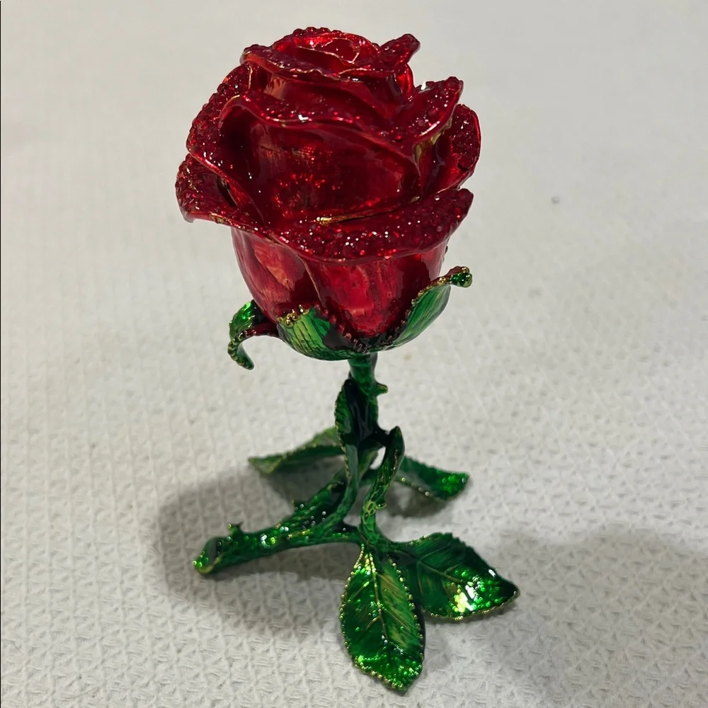 Elegant Red and Green Metal faberge style Rose , secret jewelry storage, NWB